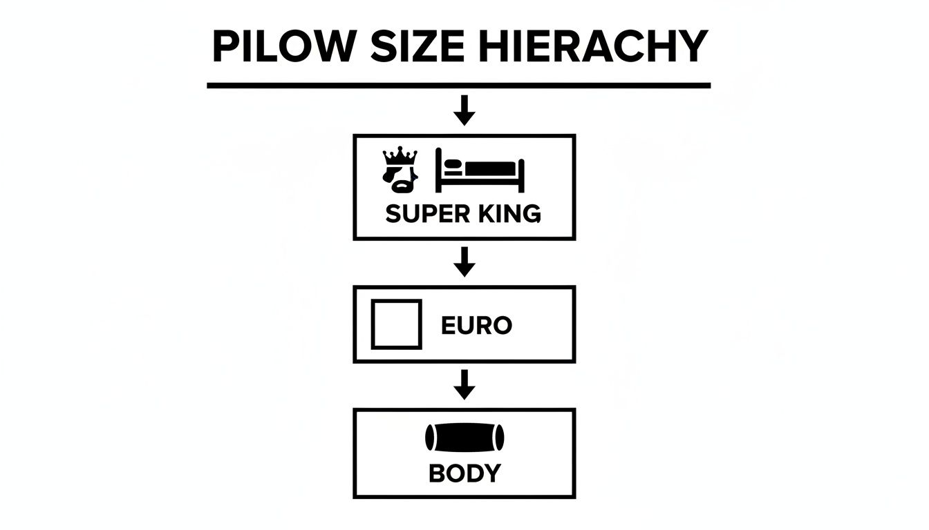 A pillow size hierarchy chart showing Super King, Euro, and Body pillow types with icons.