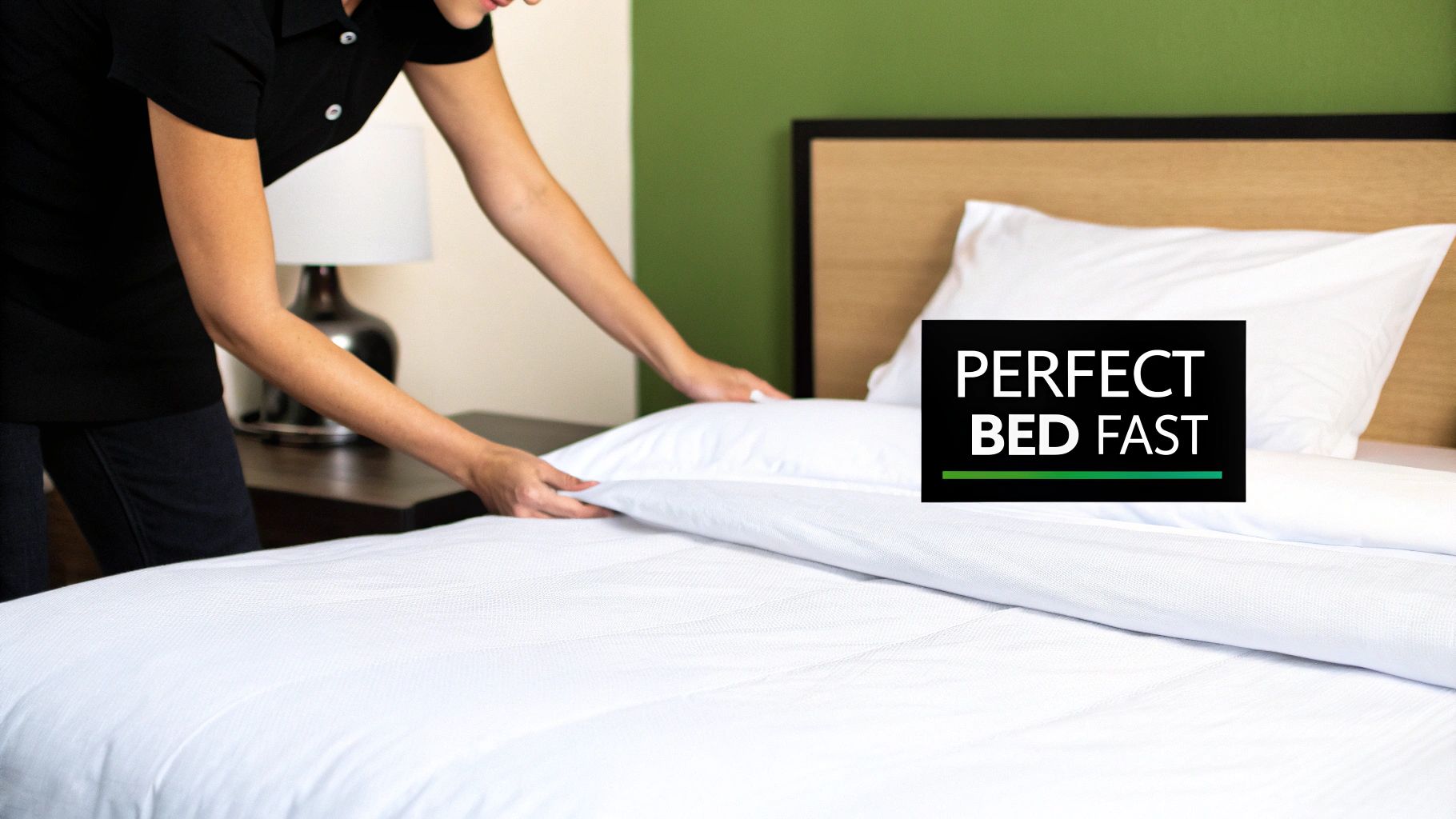 A person, likely hotel staff, expertly puts a fresh white duvet cover on a bed.