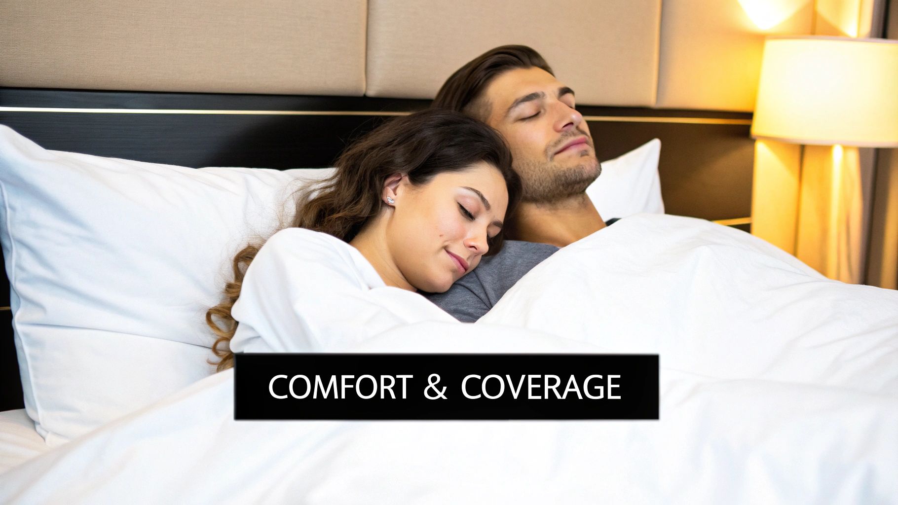 A cosy, well-made bed with a generously draped white duvet and several pillows.