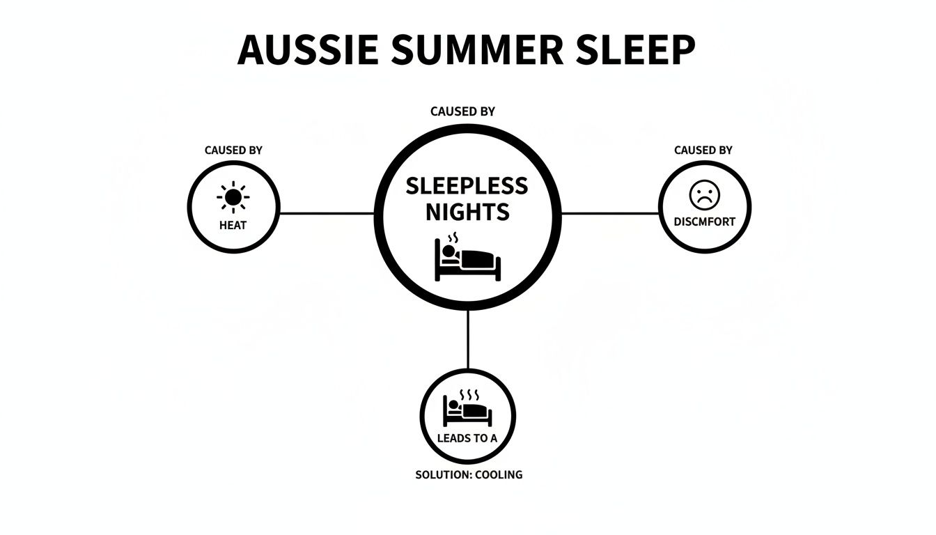 Infographic on Aussie summer sleep, showing heat and discomfort lead to sleepless nights, with cooling as a solution.