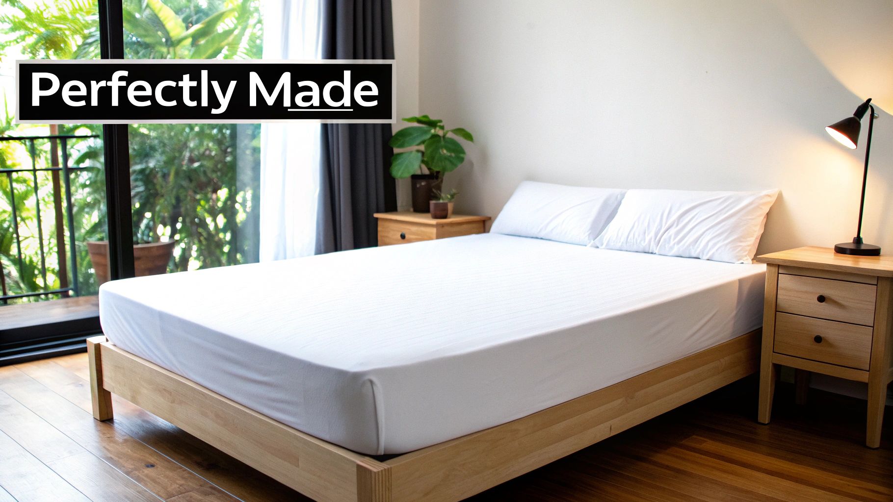 A perfectly made bed with crisp white sheets in a bright bedroom with a large window and wooden furniture.