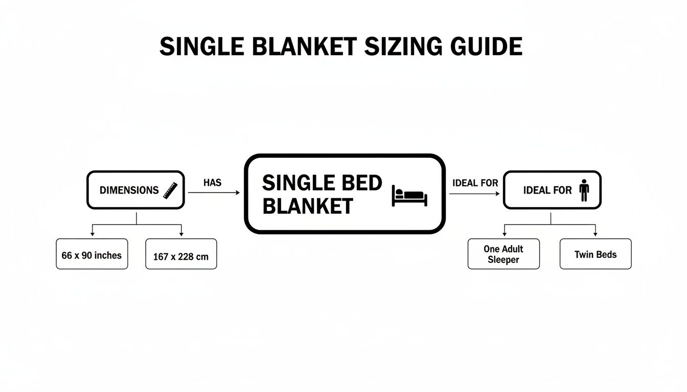 Single blanket sizing guide illustrating dimensions in inches and centimeters, suitable for one adult or twin beds.
