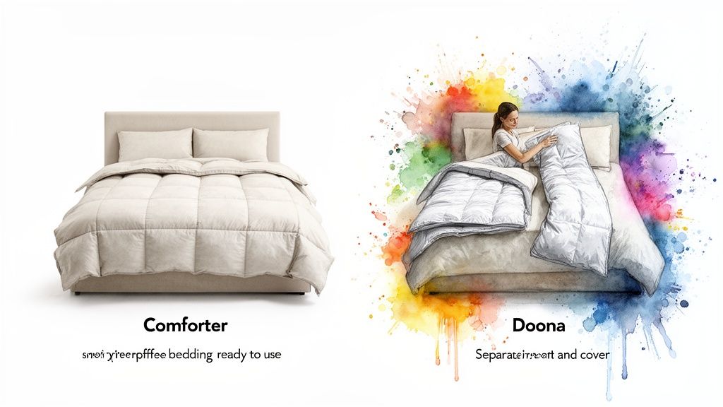A visual comparison between a ready-to-use comforter and a doona with a separate insert and cover.