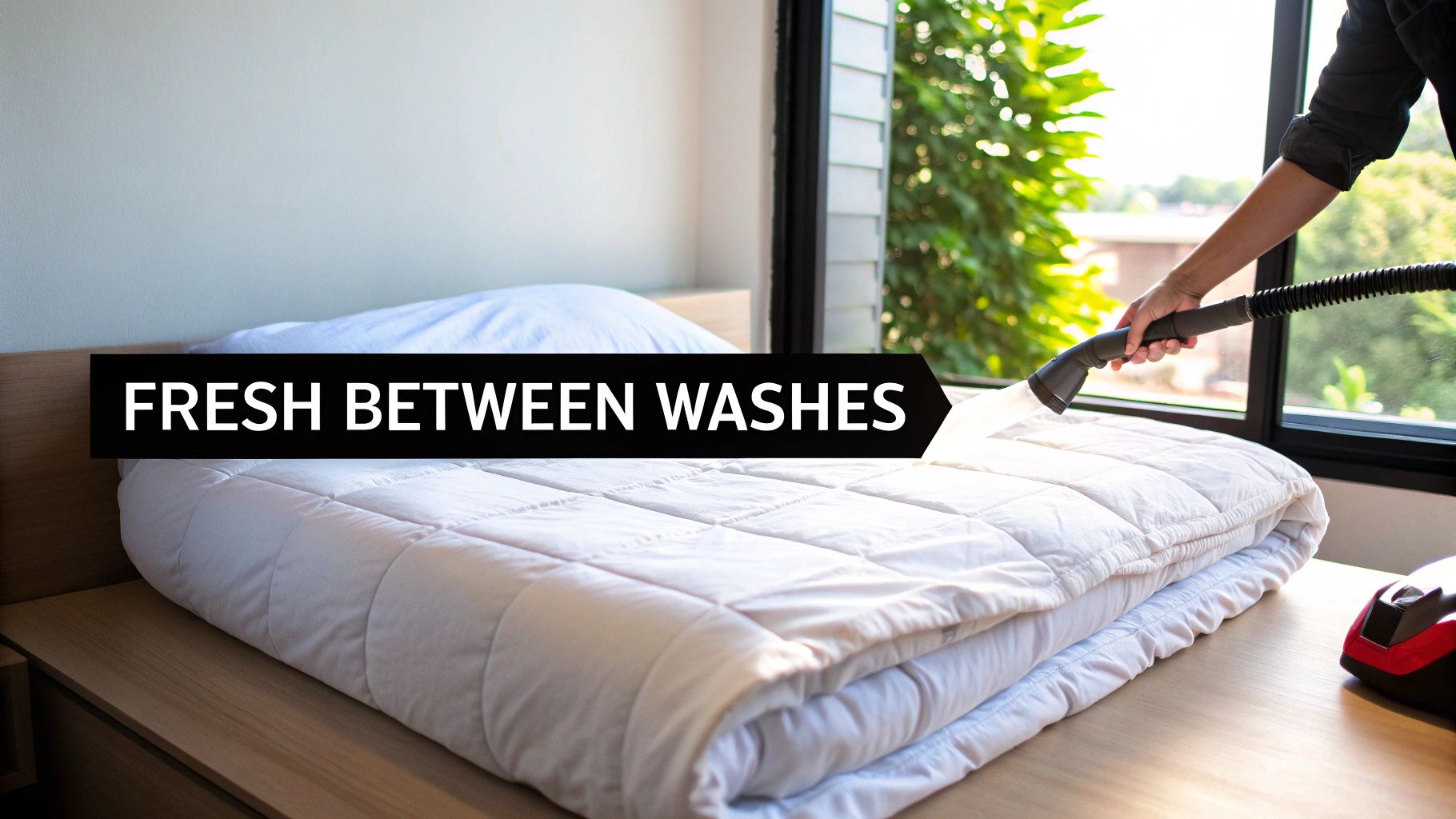 A person uses a handheld cleaner on a folded white comforter to keep bedding fresh.