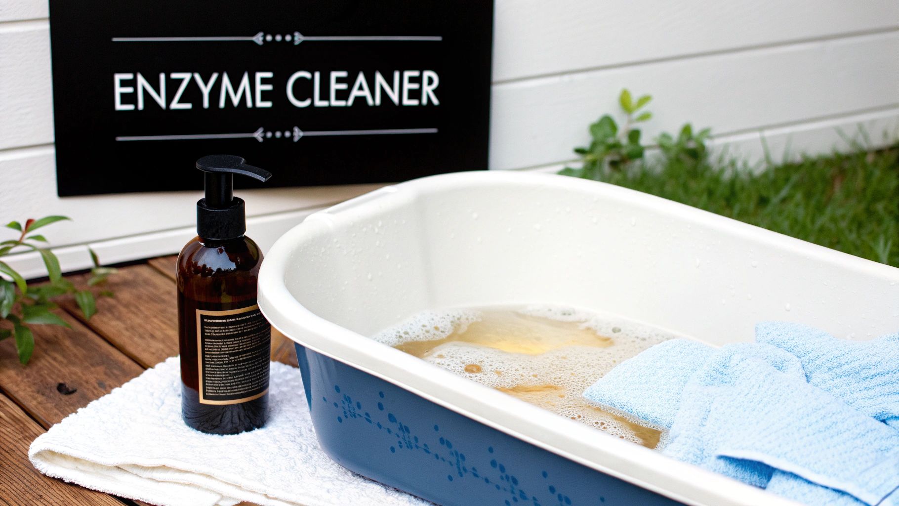 A bottle of enzyme cleaner, a basin with foamy water, and blue cloths soaking.