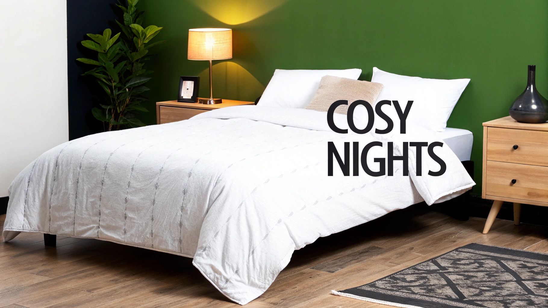 A stylish bedroom with a white textured duvet cover, two white pillows, and a beige throw pillow. Wooden nightstands flank the bed.