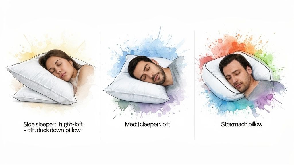 Illustrations of three ideal pillows for side, back, and stomach sleeping positions, showing proper loft.
