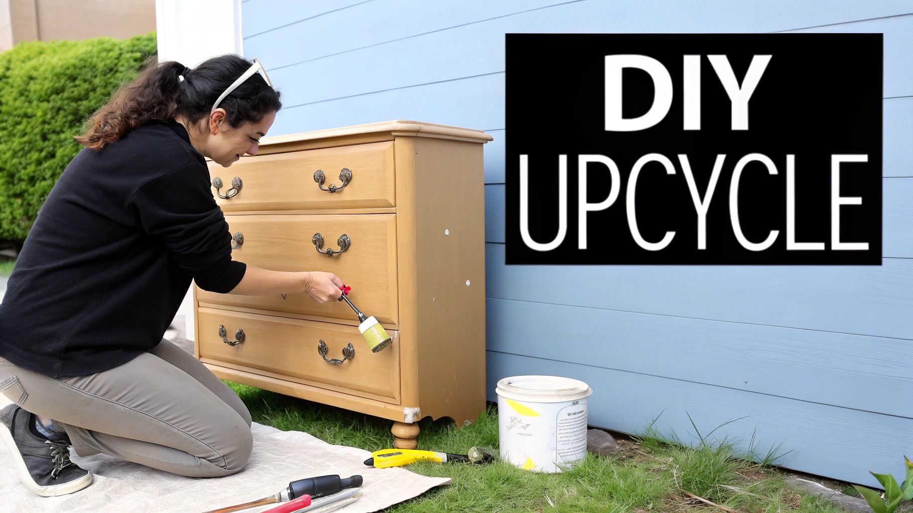 Woman painting wooden dresser yellow outdoors for DIY furniture upcycling project