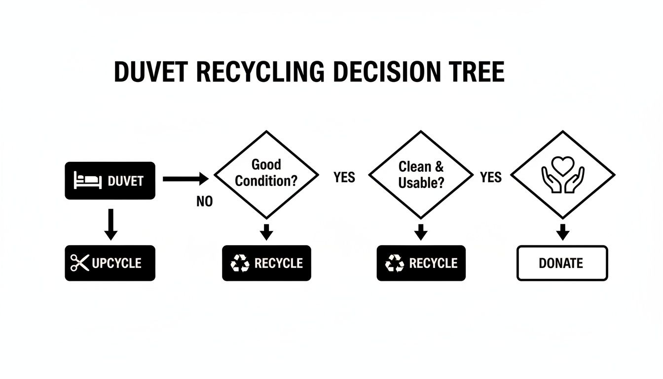 A flowchart titled 'Duvet Recycling Decision Tree' guiding to upcycle, recycle, or donate a duvet.