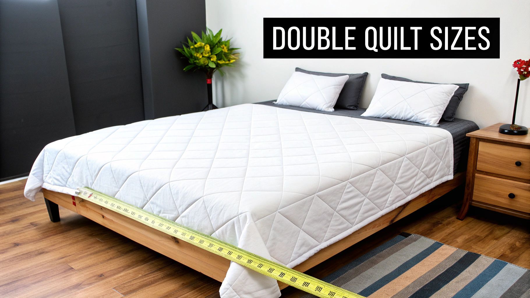 A white quilted double bed with a measuring tape along its side, illustrating quilt sizes.