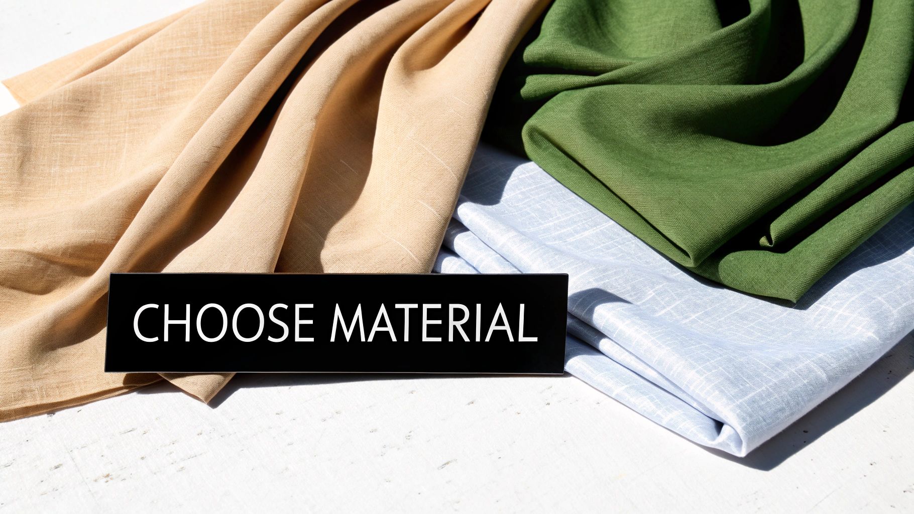 A black sign displays 'CHOOSE MATERIAL' surrounded by neatly folded fabrics in beige, green, and light blue.