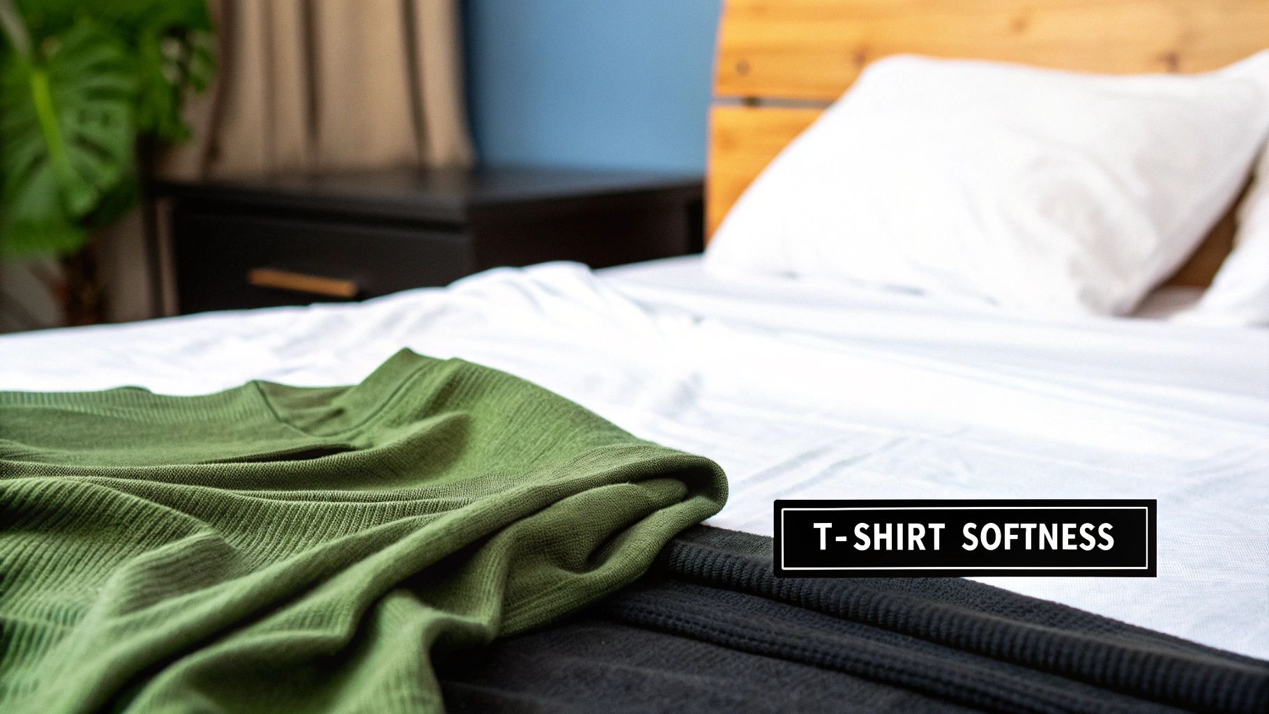 Soft green and black ribbed fabrics laid on a white bed, highlighting t-shirt softness.