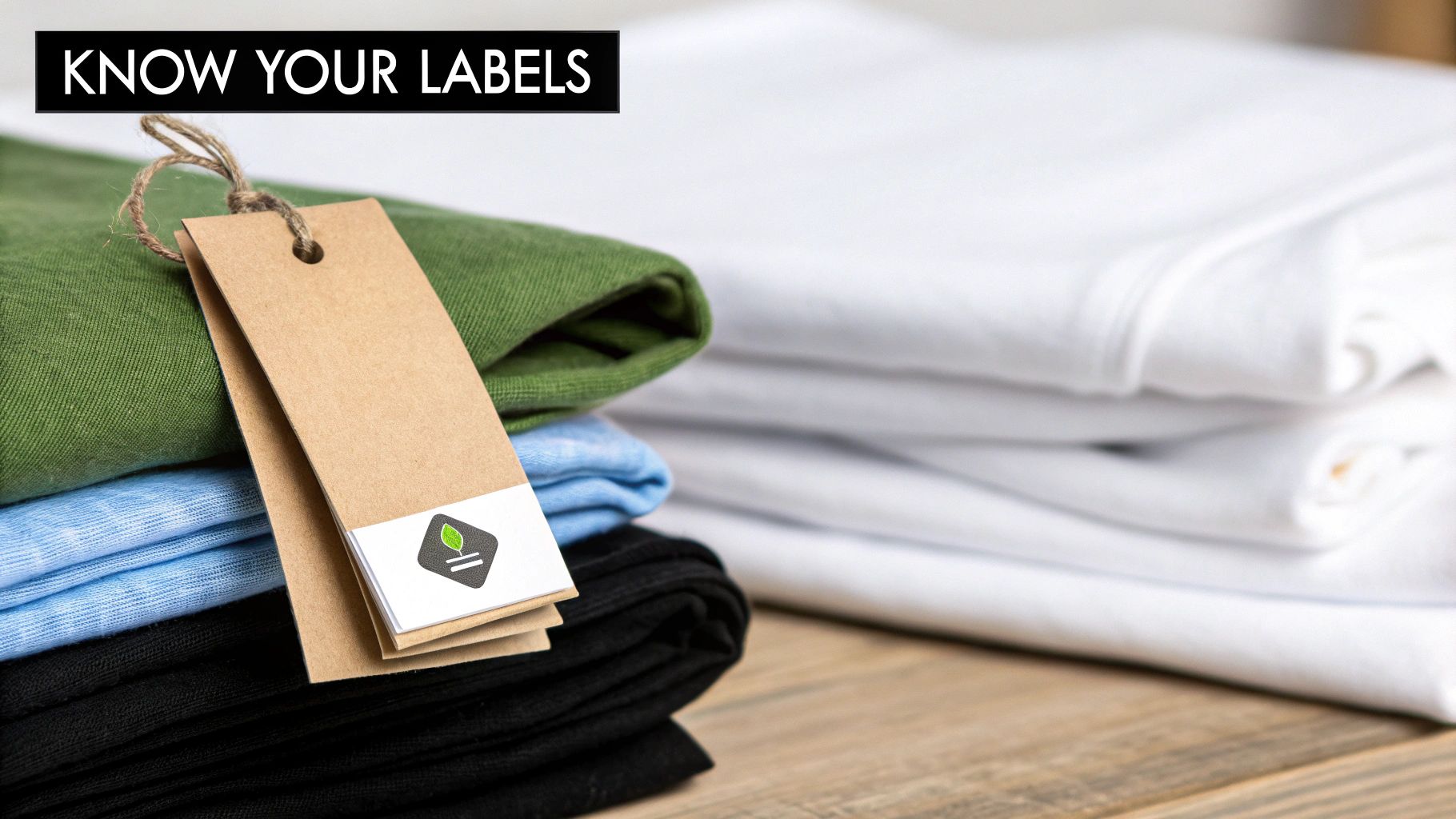 A close-up of a certification tag on a stack of neatly folded organic cotton sheets.