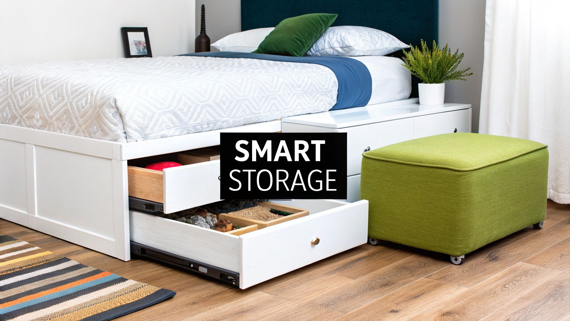 A tidy bedroom using under-bed drawers and floating shelves