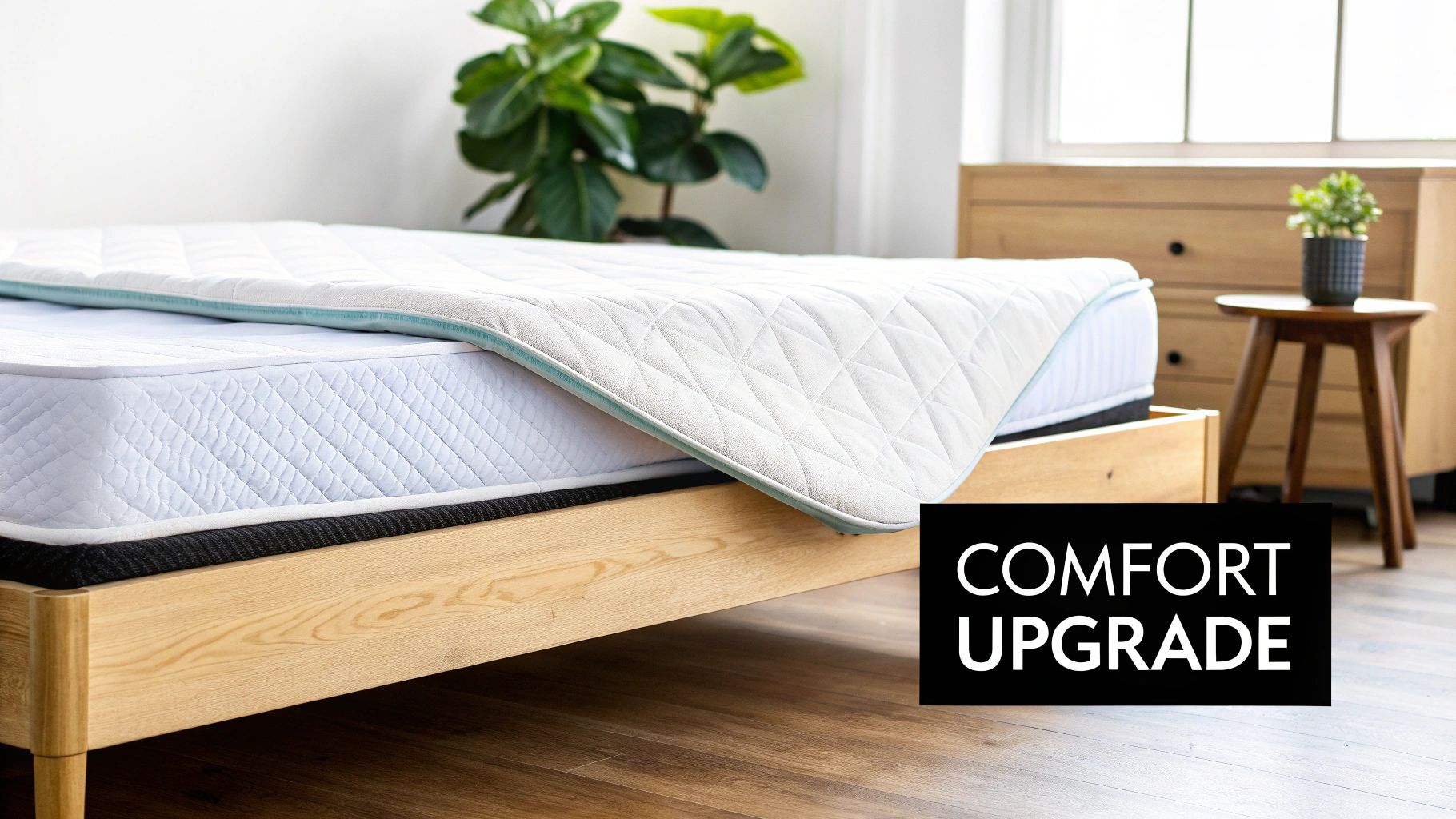 A plush white mattress topper being placed on a bed to enhance comfort.