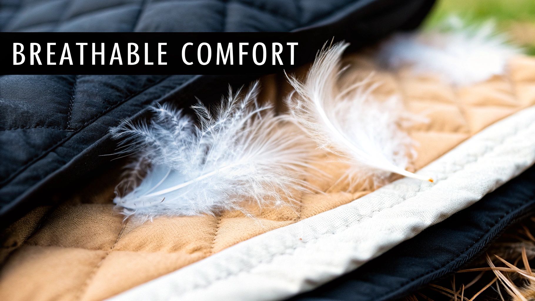 Soft white feathers rest on a quilted black and tan blanket with 'BREATHABLE COMFORT' text.