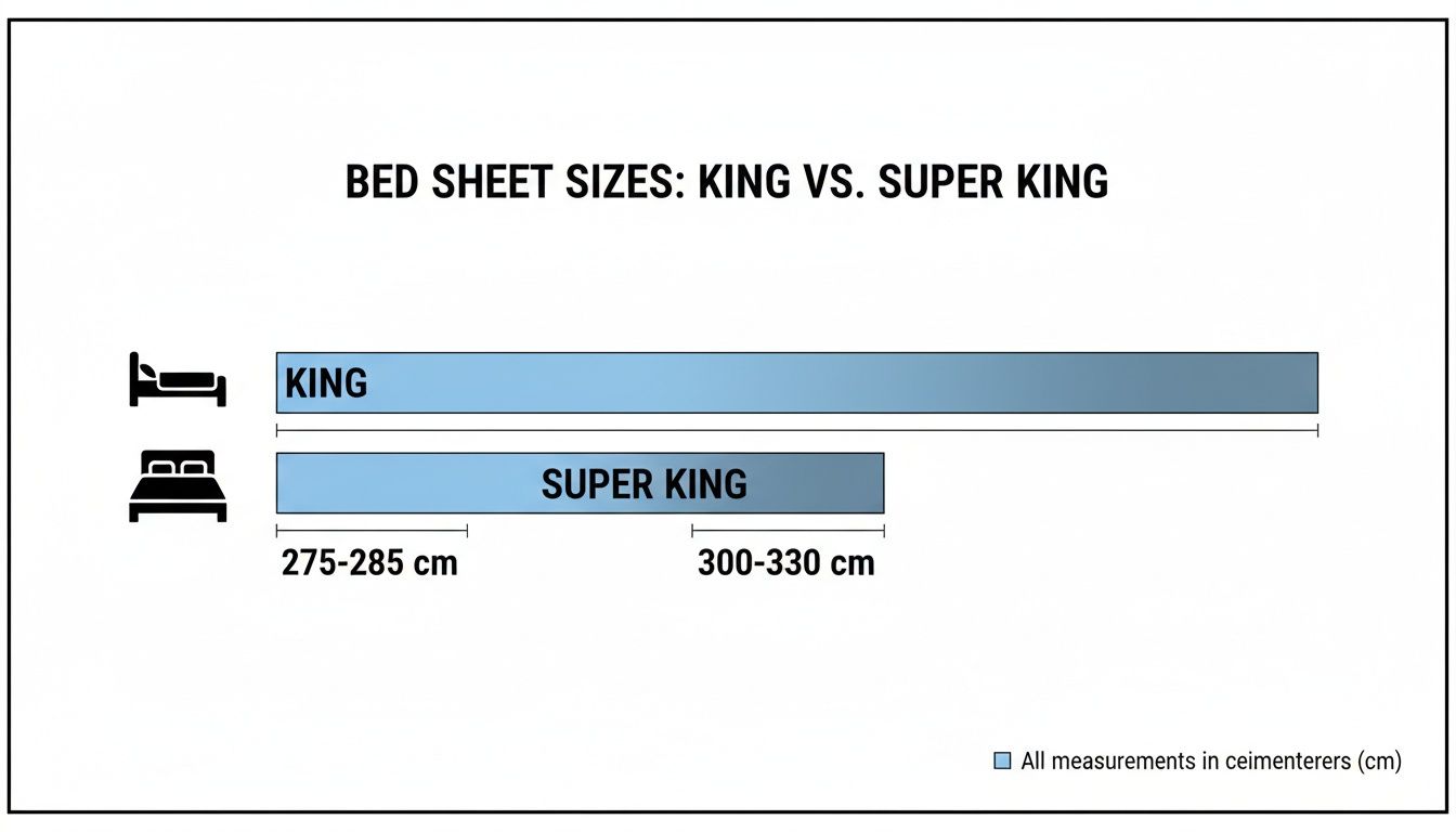 Chart comparing King vs. Super King bed sheet sizes, showing length measurements in centimeters.