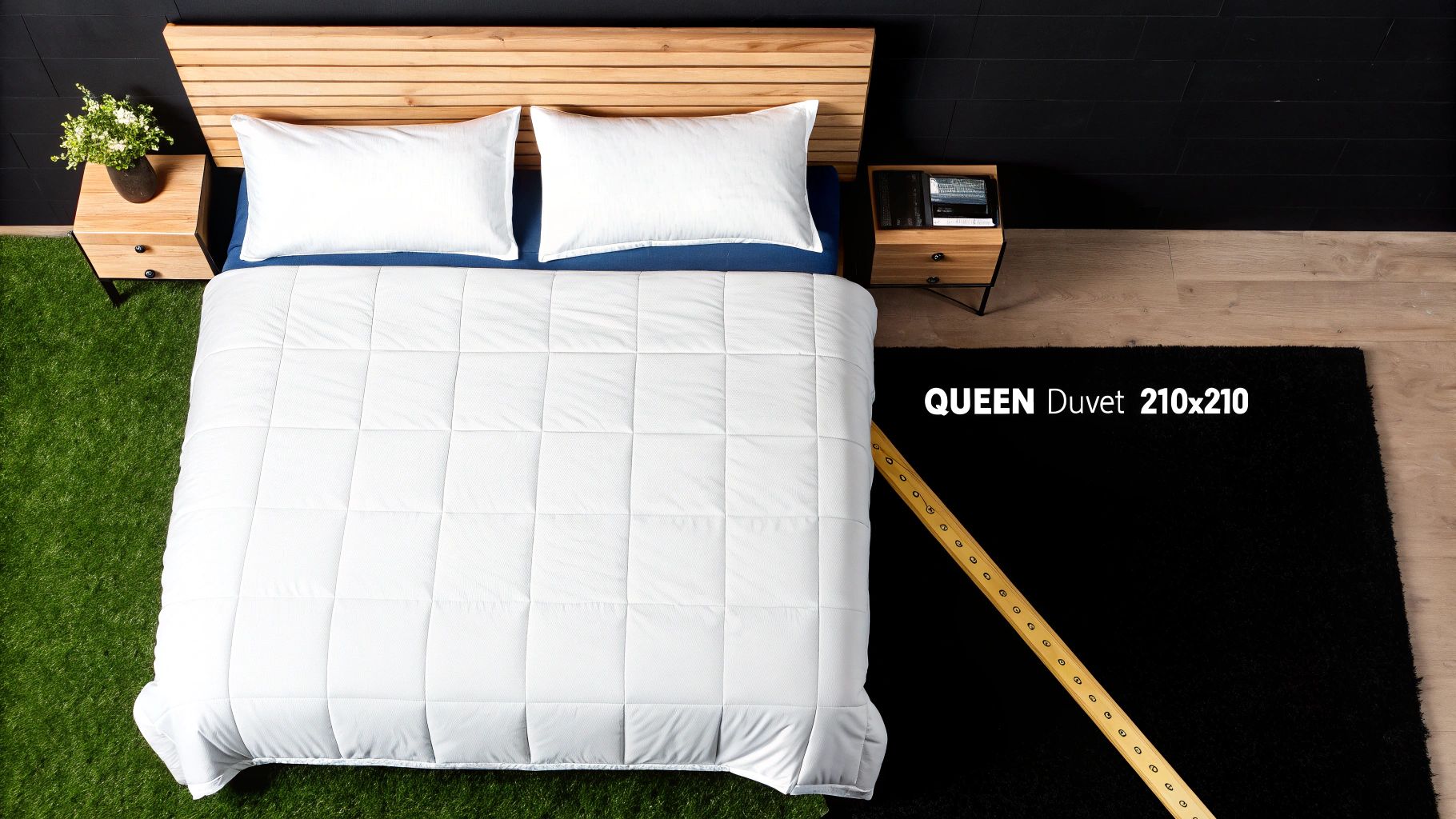 Overhead view of a queen bed with white duvet, wooden headboard, two nightstands, and varied flooring.