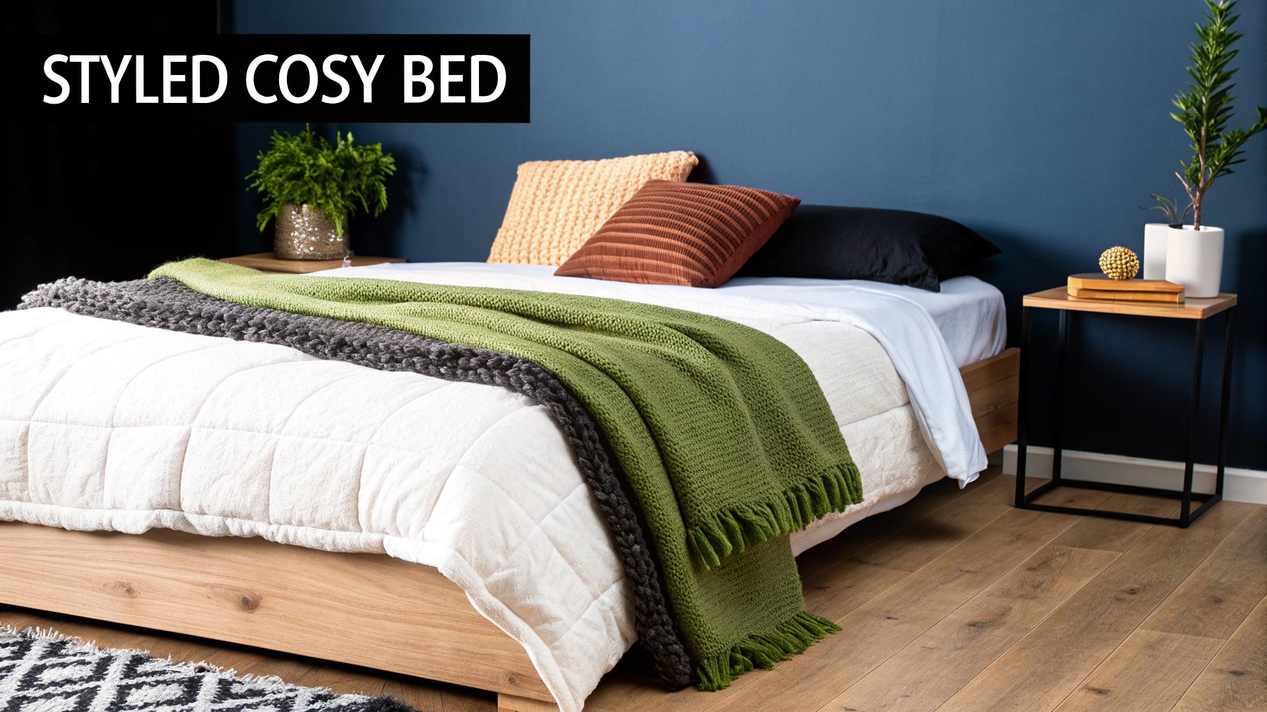 A styled cosy bed with white bedding, green and grey blankets, and decorative pillows in a modern bedroom.