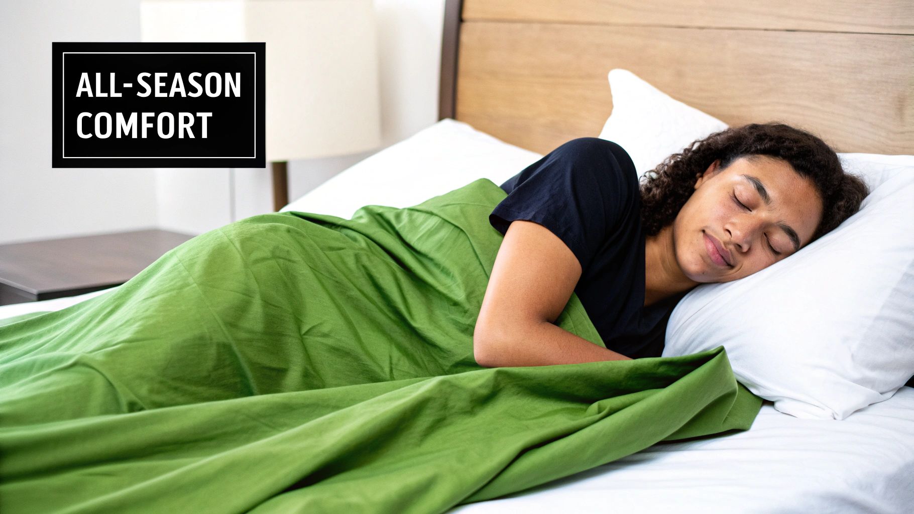 A person with curly hair sleeps soundly under a green blanket, highlighting all-season comfort.