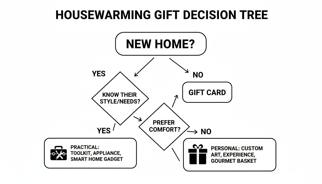 Flowchart for housewarming gift decision, guiding choices from practical tools to personal art or gift cards.