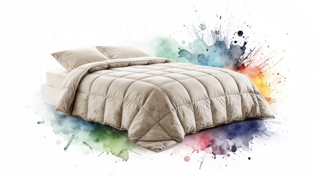 A comfortable bed with a beige quilted comforter and pillows, surrounded by colorful watercolor splatters.