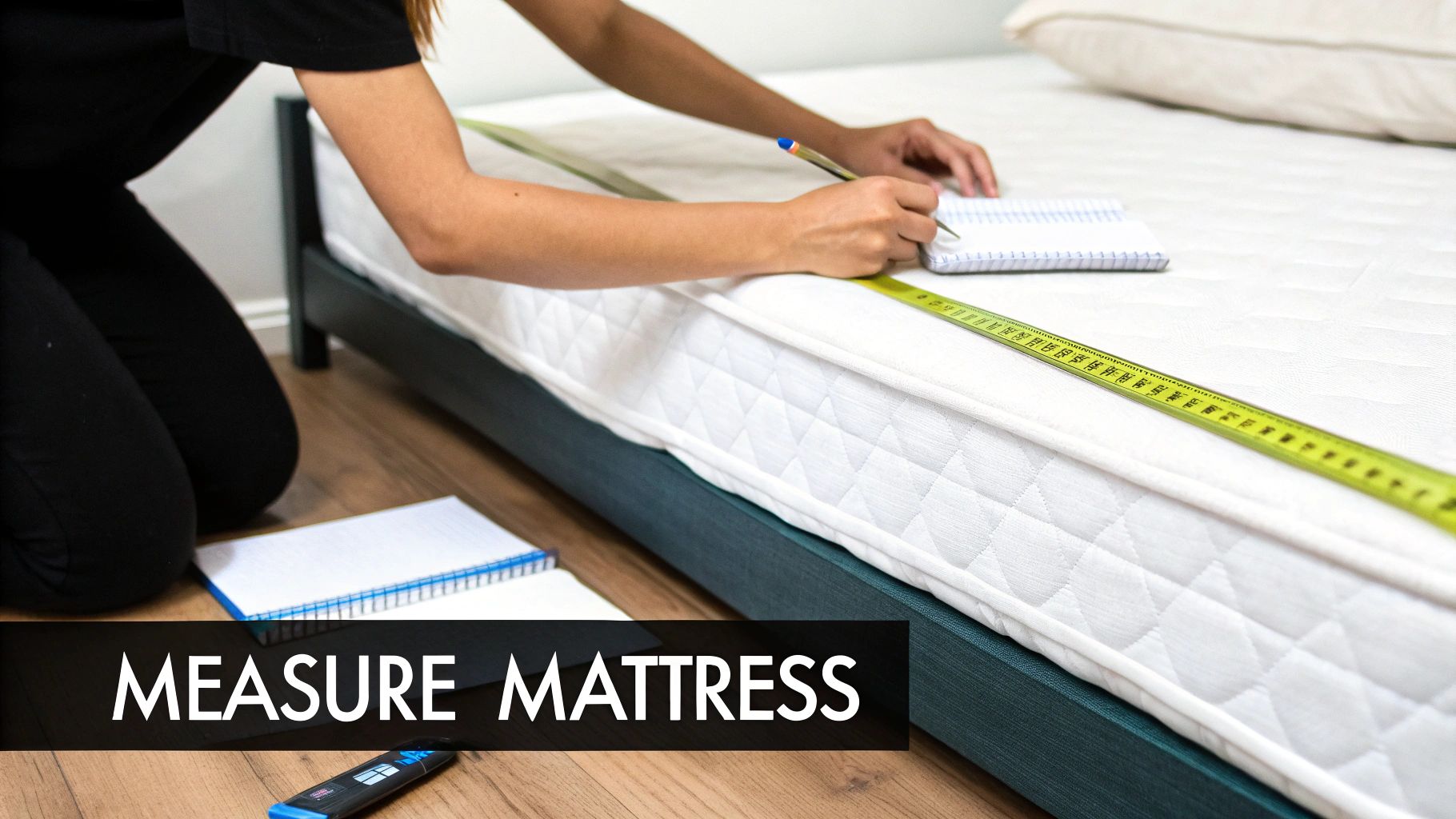 A person kneeling beside a bed, measuring a white mattress with a tape and taking notes.