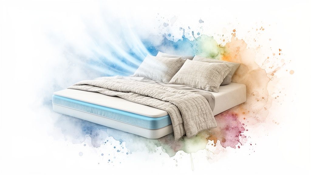 A comfortable mattress with a blue cooling layer, pillows, and a blanket, against a colorful watercolor splash.