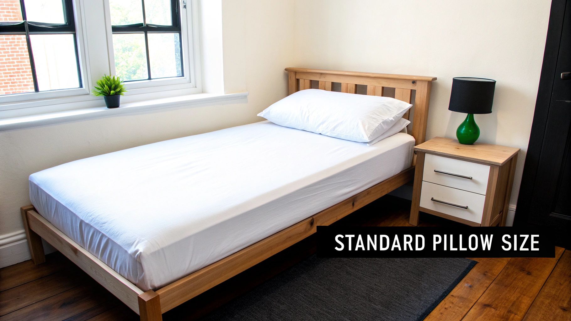 A modern single bed with white linen and a standard pillow next to a wooden bedside table and lamp.