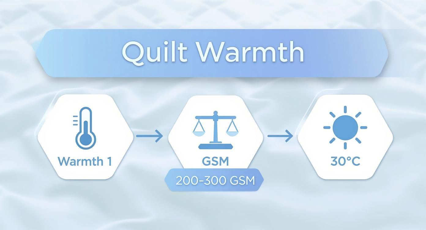 Infographic showing that a Warmth 1 cooling quilt is ideal for temperatures above 30°C and typically weighs 200-300 GSM.