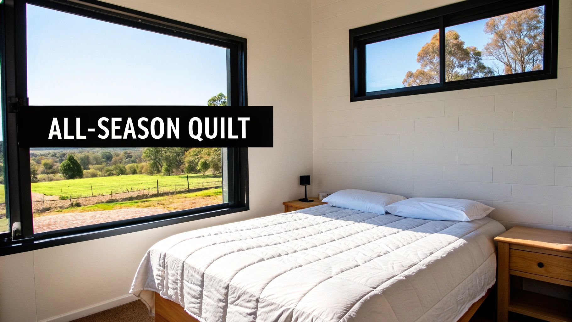 A neatly folded white quilt on a bed, showcasing its texture and quality.