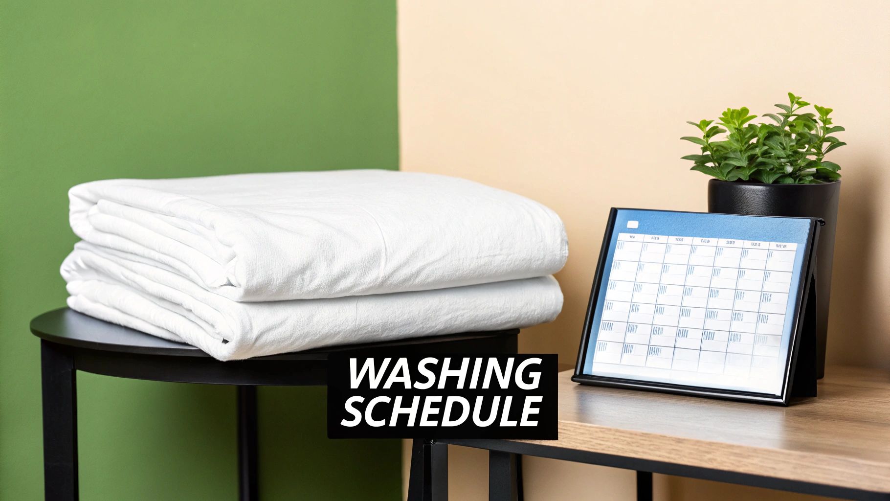 A woman with a laundry basket smiling in a clean, bright room.