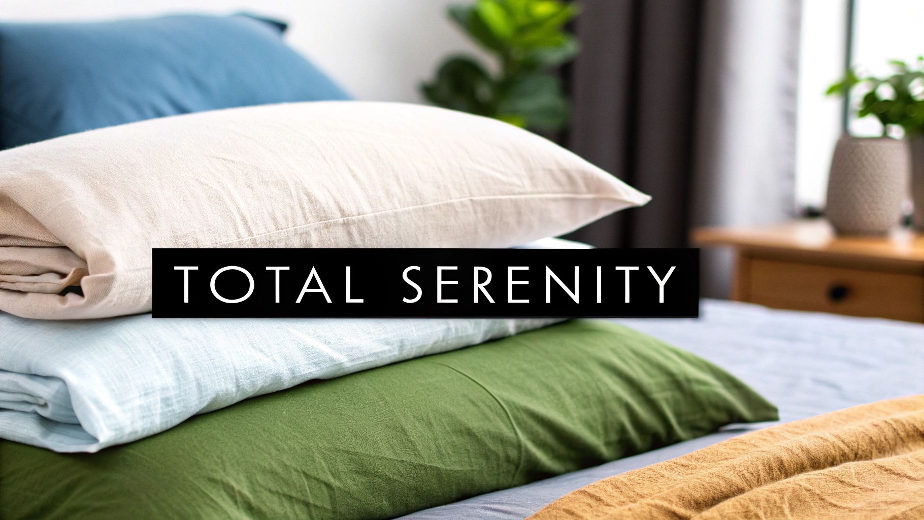 A stack of natural linen bedding in cream, light blue, and green on a bed, with text 'TOTAL SERENITY'.