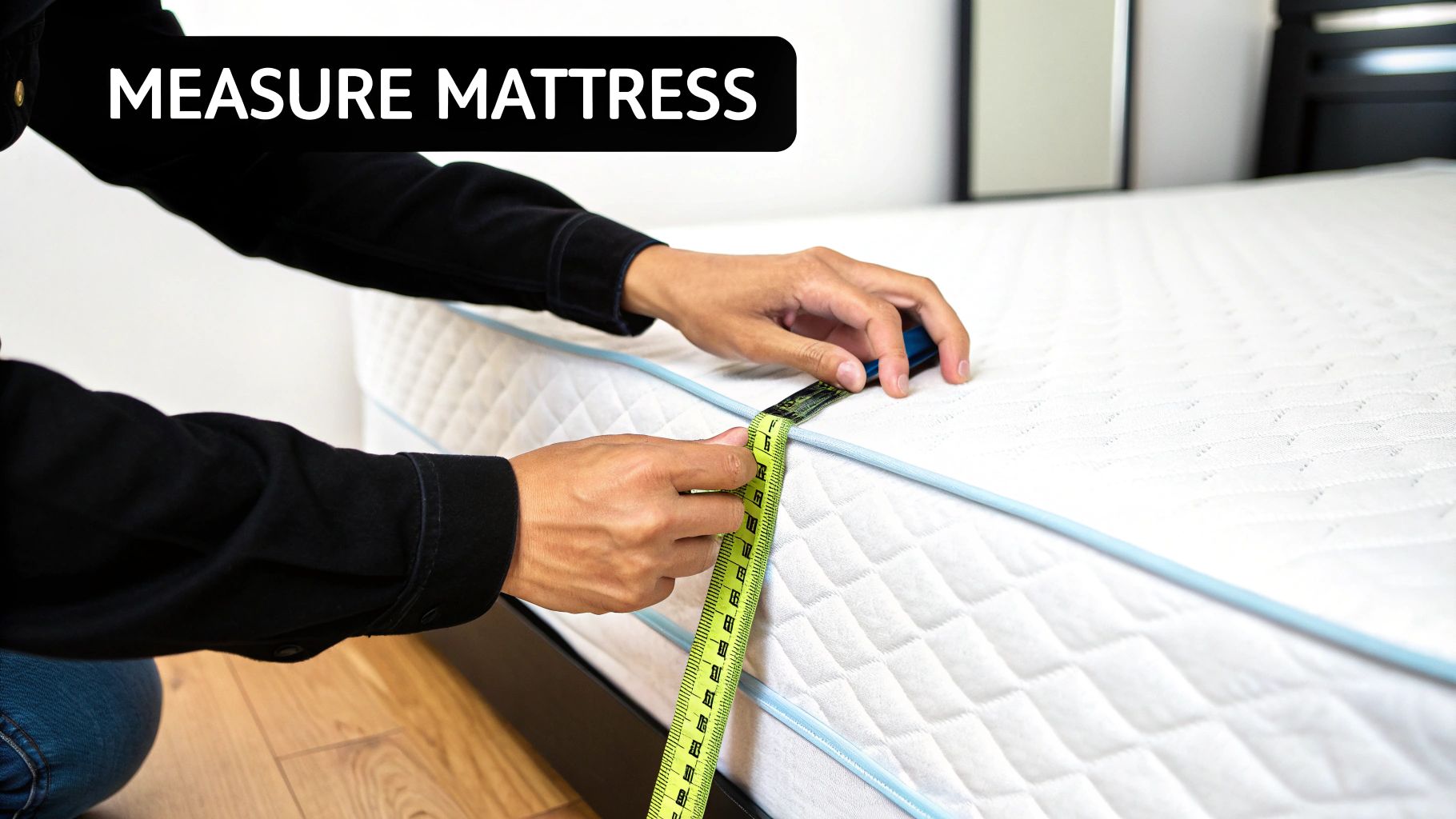 A person in a black shirt measures the thickness of a white mattress with a green tape measure.