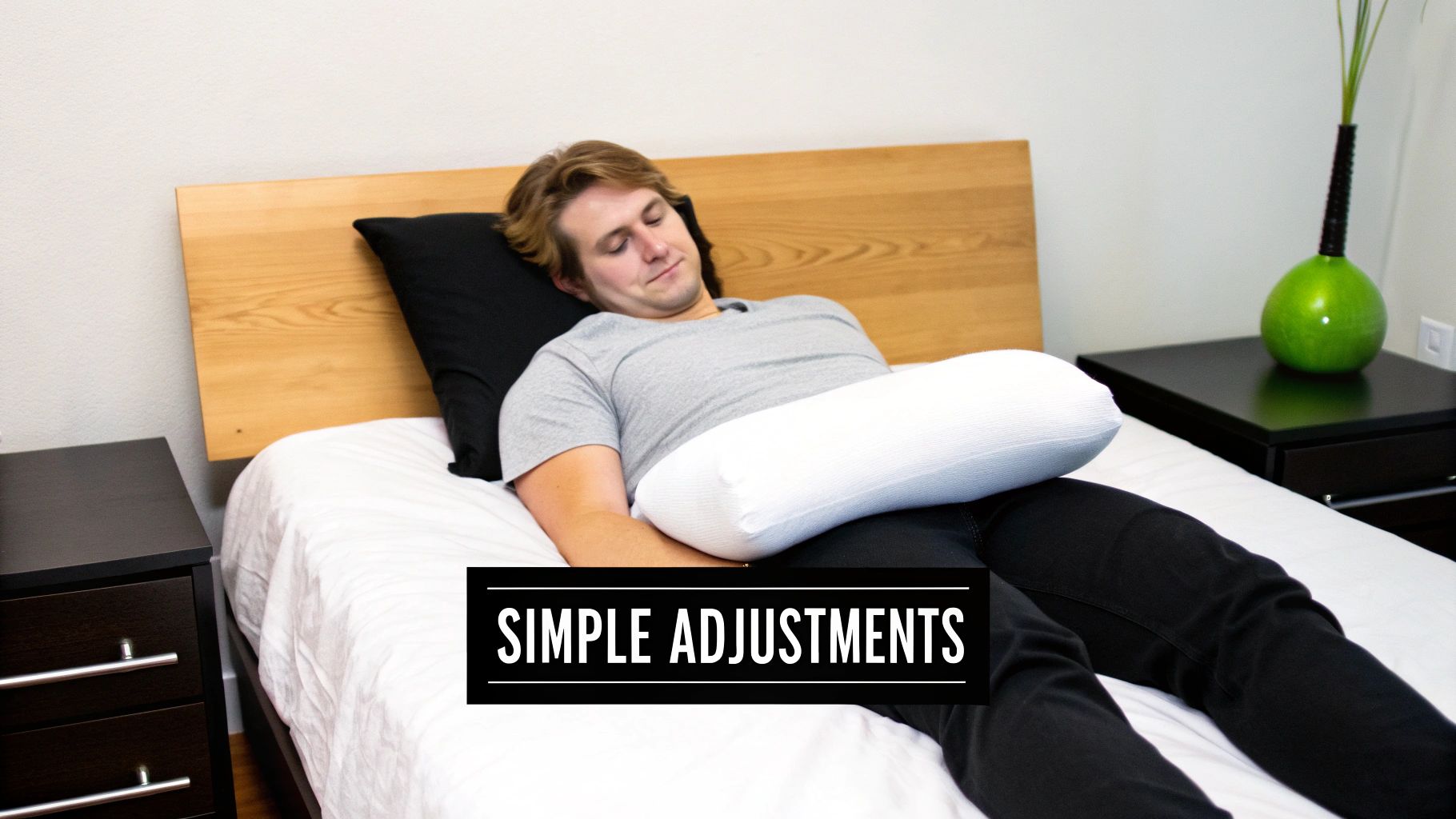 A man lies on a bed, using a black head pillow and a white bolster pillow for comfort.