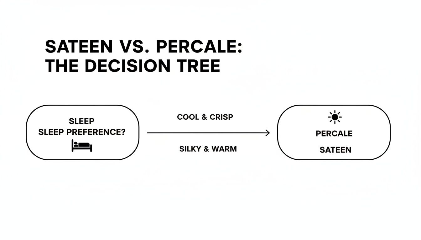 A flowchart explaining how to select percale for cool and crisp sleep or sateen for silky and warm.