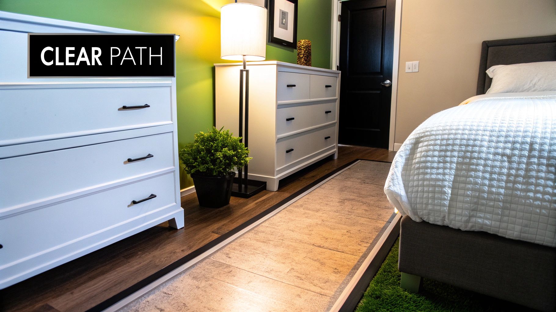 A thoughtfully arranged bedroom with good lighting and clear walkways