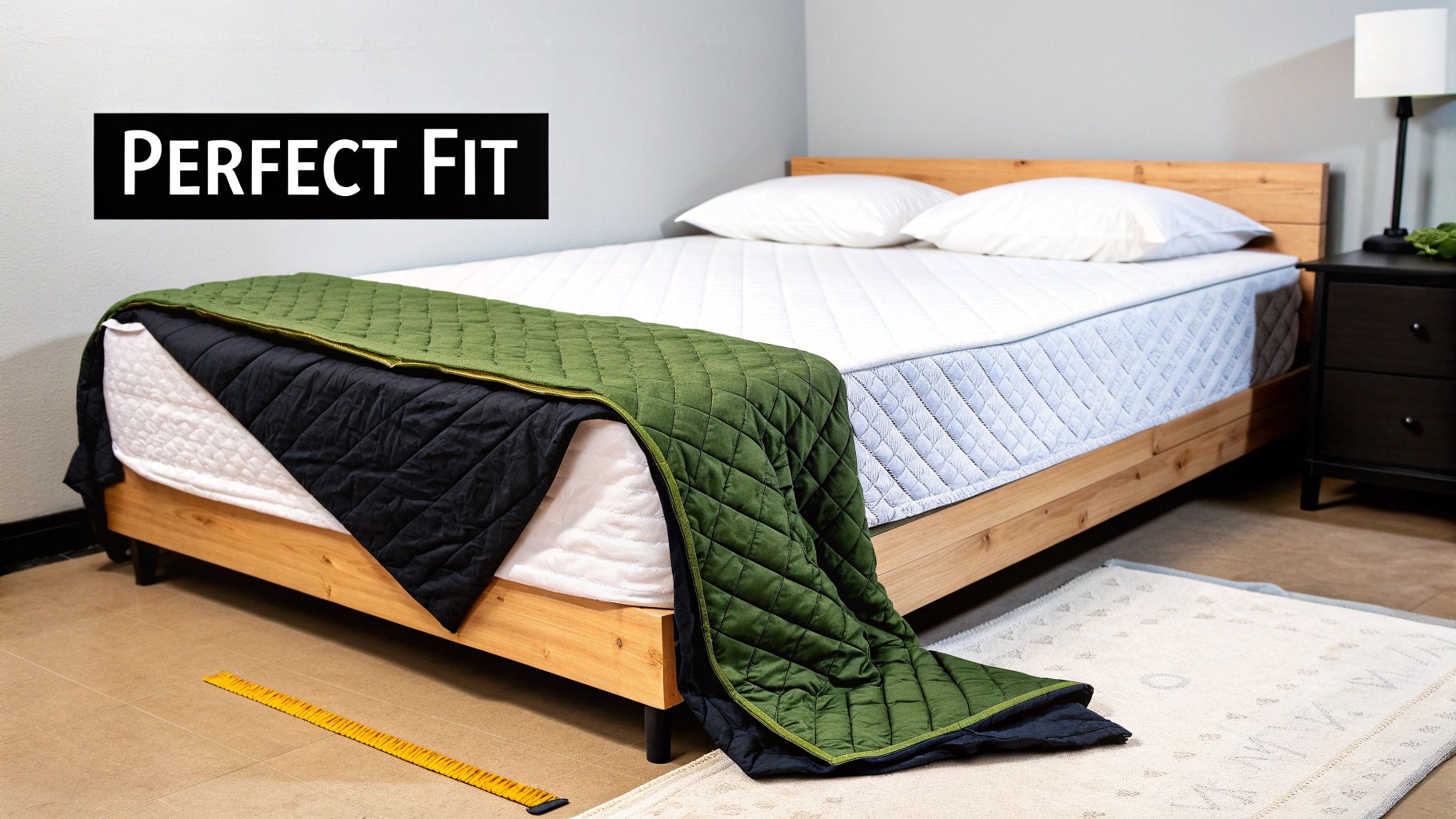 A bed with a white mattress and layered quilted bedding, including a green and black blanket.