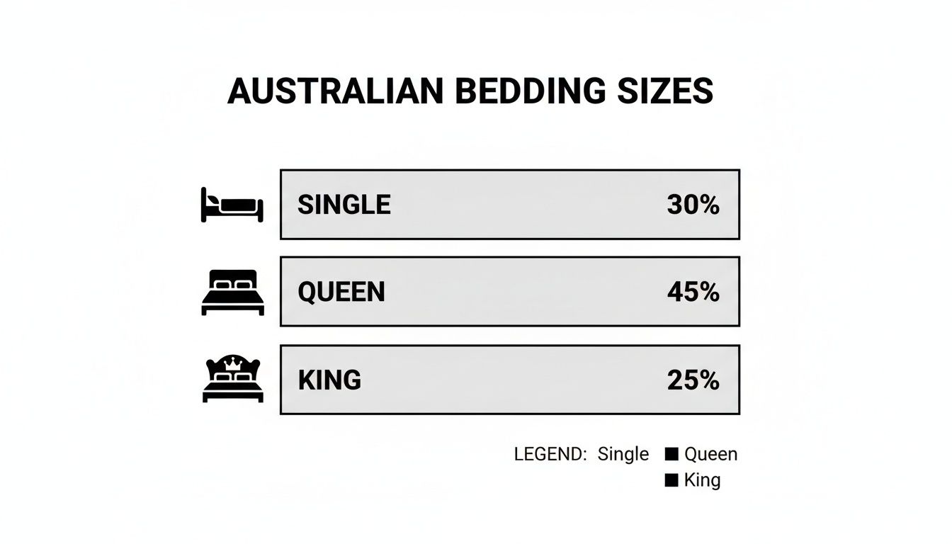 Australian bedding sizes chart showing percentages for Single, Queen, and King beds.