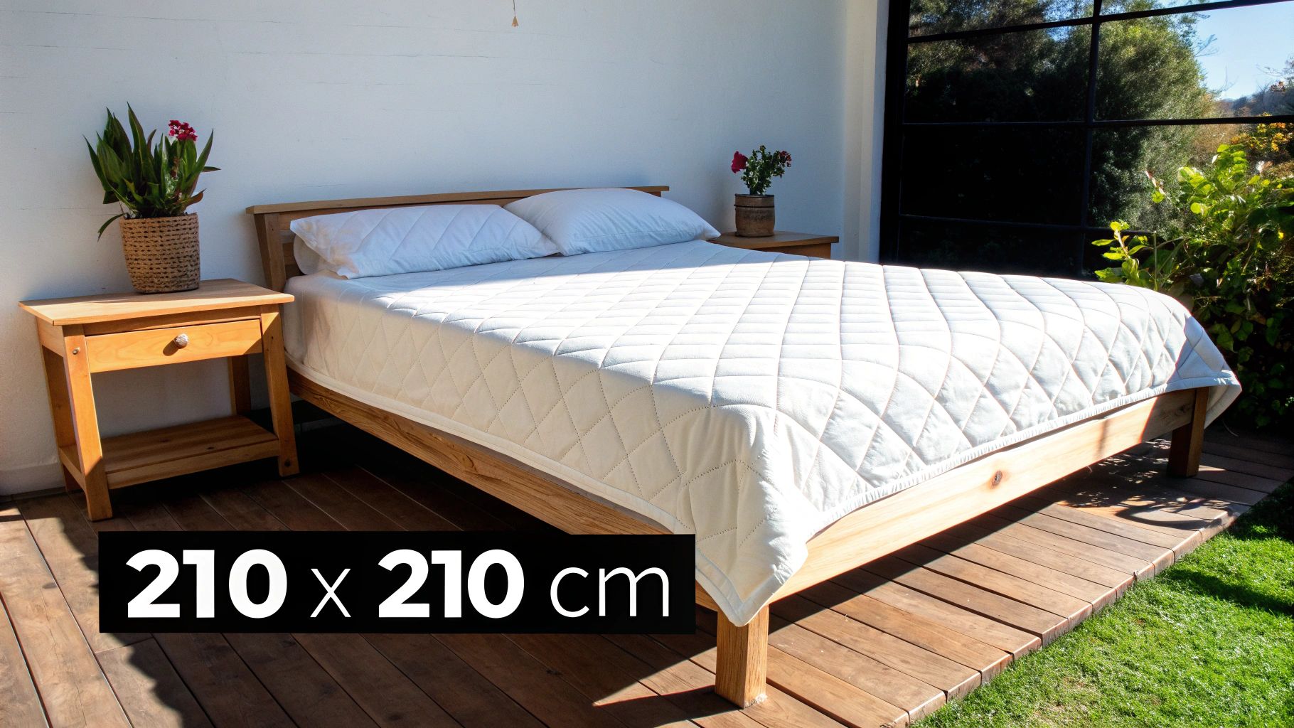 A bright outdoor bedroom featuring a wooden bed frame, white quilted mattress, two pillows, and two wooden nightstands.