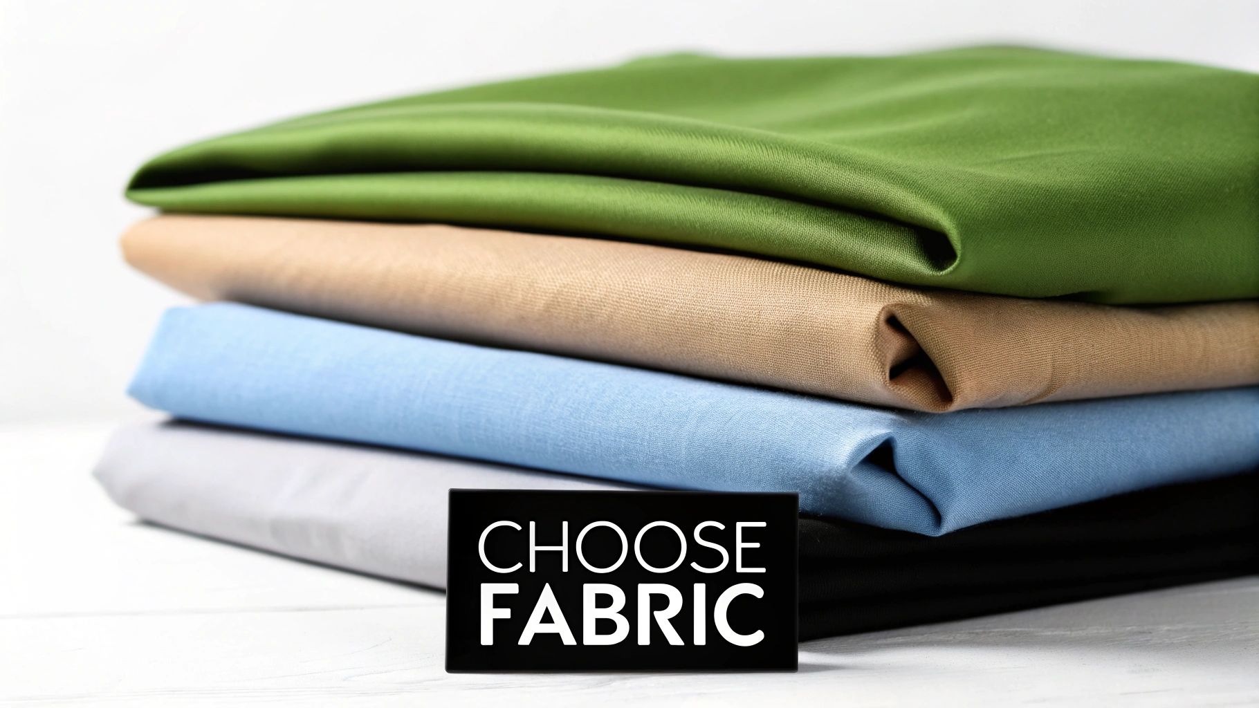 A stack of green, beige, blue, grey, and black fabrics with a 'CHOOSE FABRIC' sign.