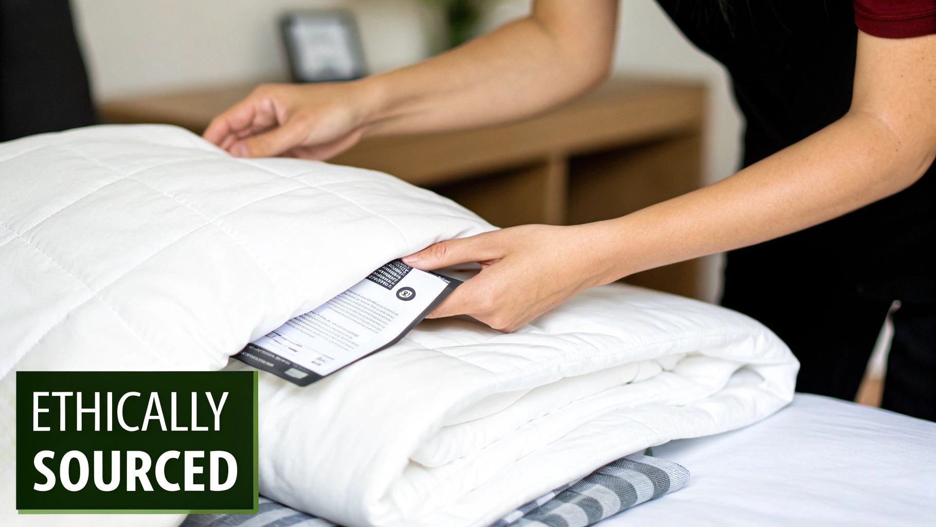 Hands folding ethically sourced white quilted bedding, revealing a product label, on a bed.