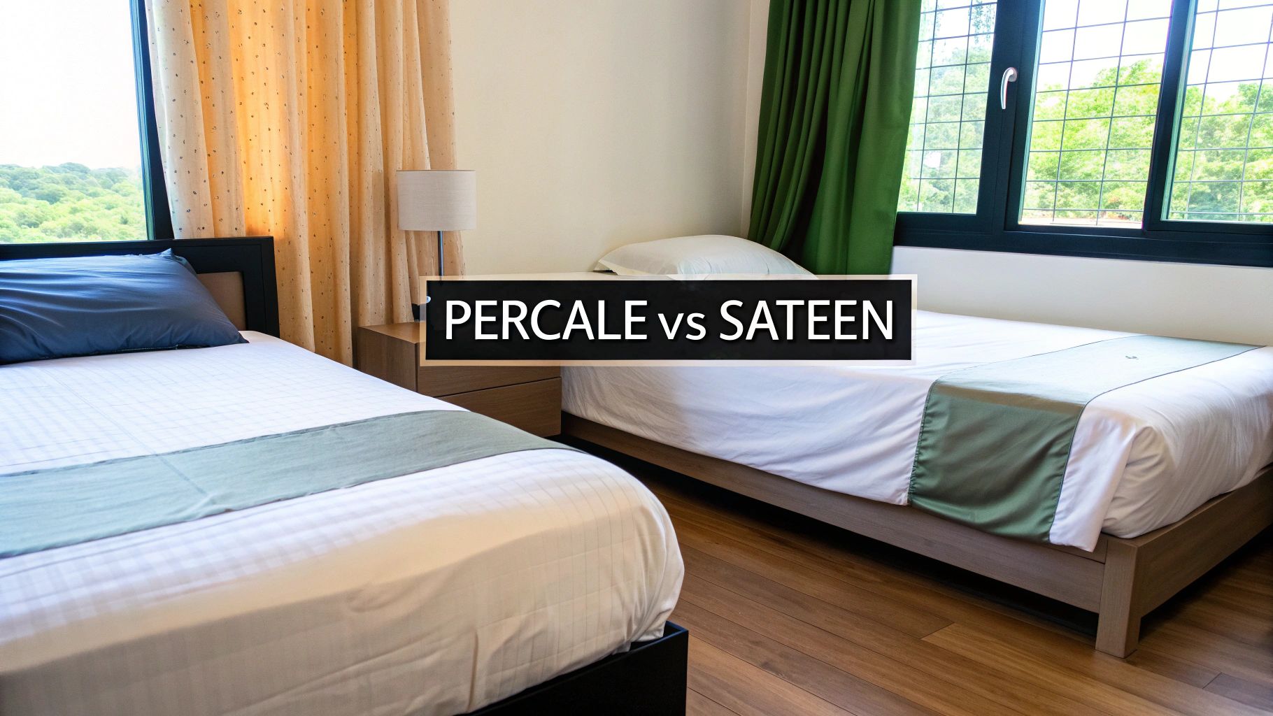 Two neatly made beds in a bright room with white bedding and green runners, highlighting percale vs sateen fabrics.