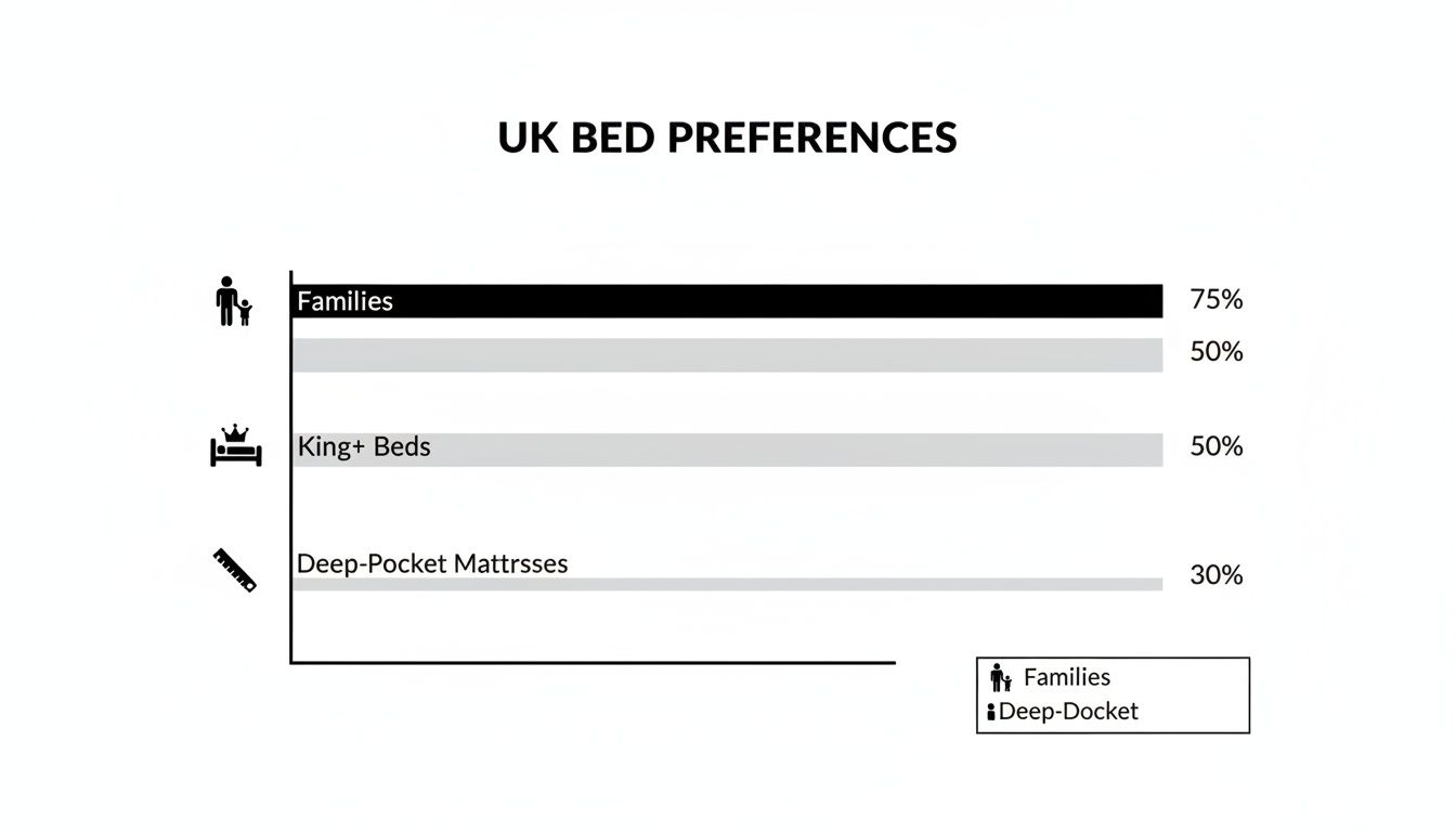 Bar chart showing UK bed preferences: 75% for Families, 50% for King+ Beds, 30% for Deep-Pocket Mattresses.