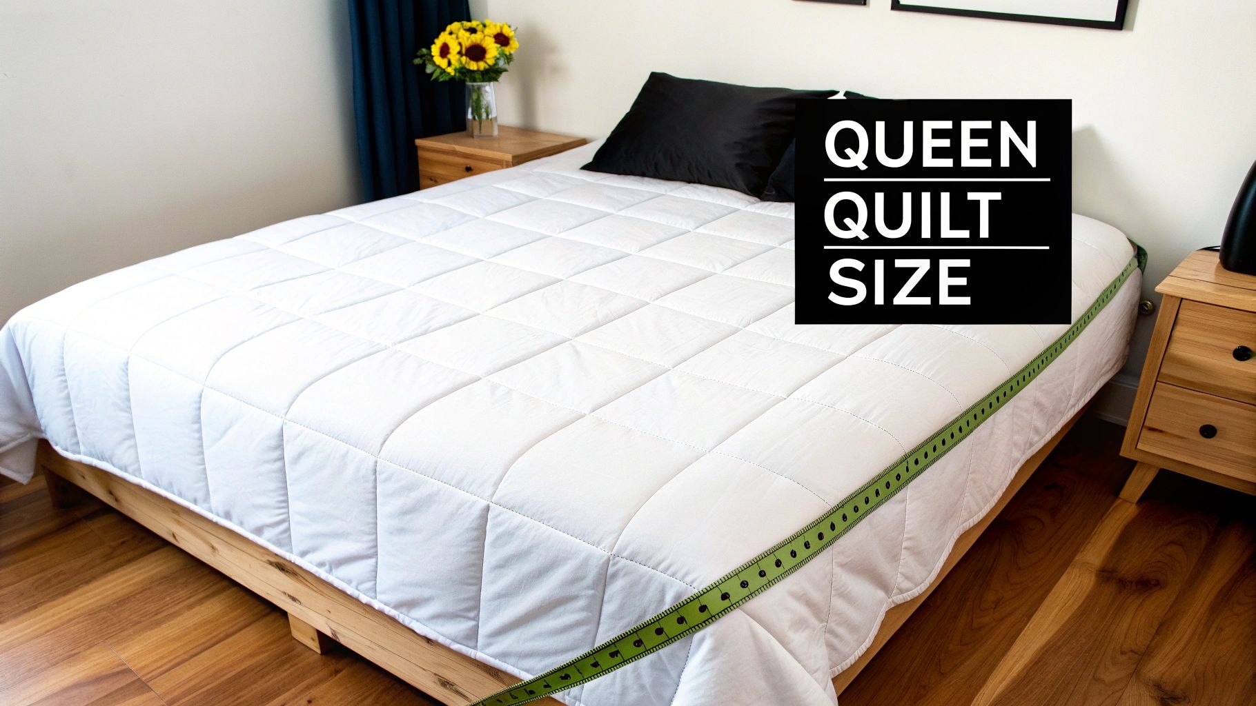 A neatly made bed with a white quilt and decorative pillows, showcasing proper quilt dimensions.