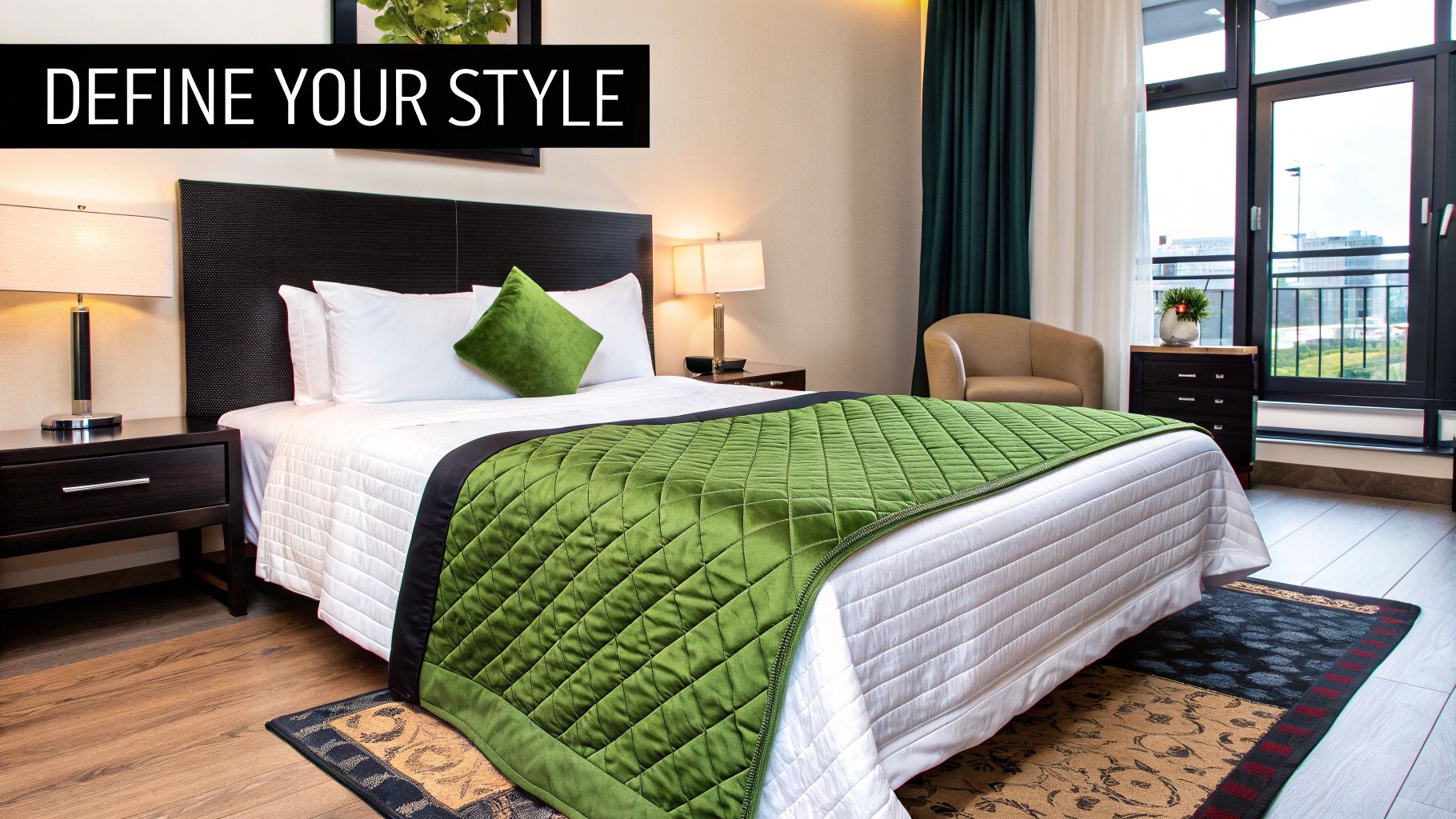 A stylishly made bed showing a generous quilt overhang, creating a plush look.