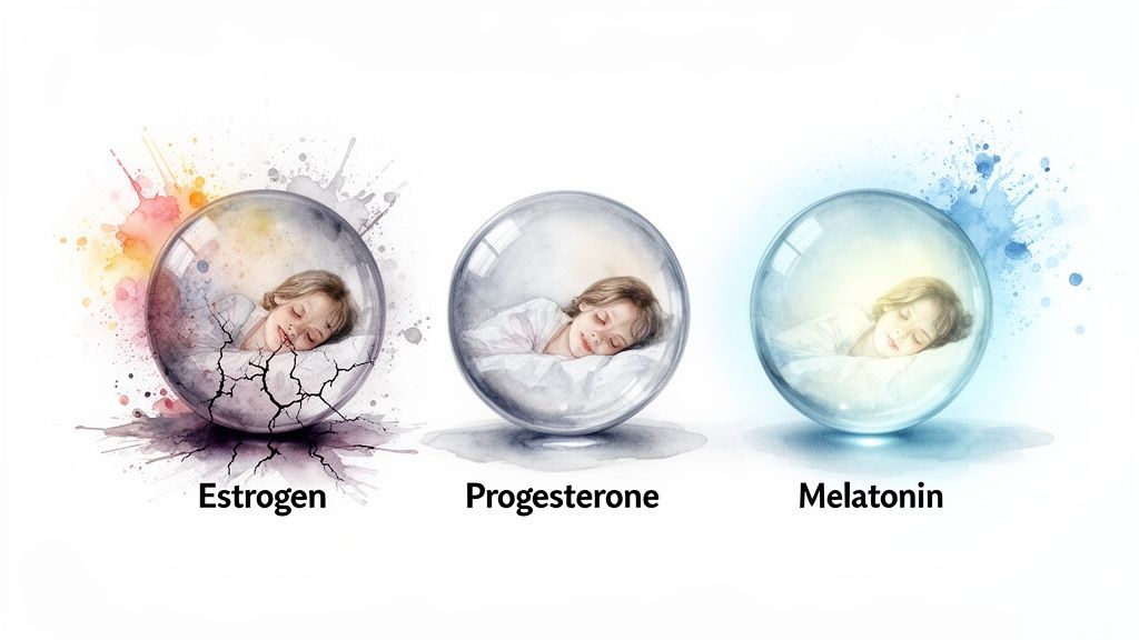 Three spheres with sleeping children illustrate estrogen, progesterone, and melatonin. Estrogen's cracked sphere suggests a sleep problem.