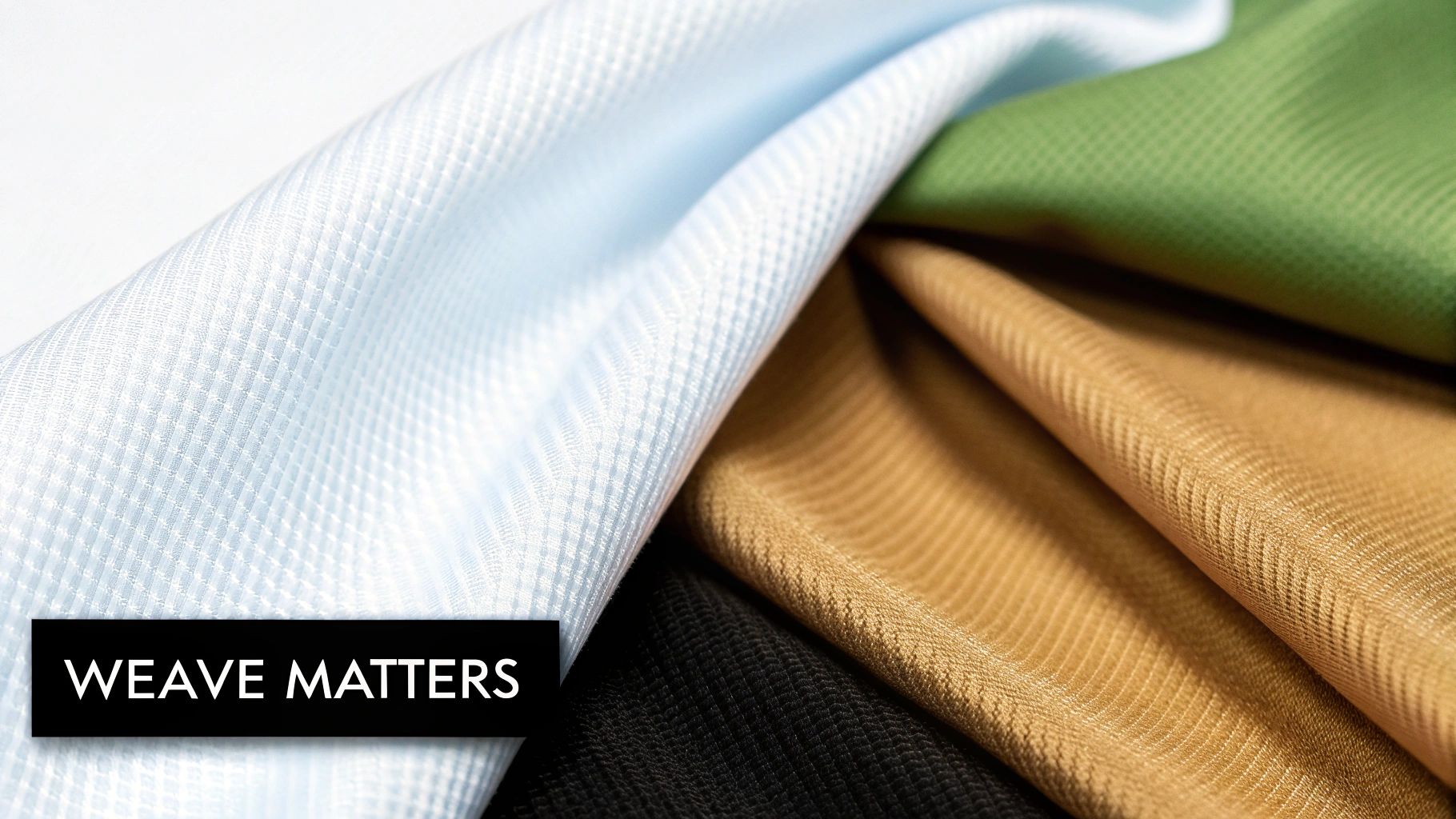 Textured fabric swatches in blue, green, gold, and black highlighting diverse weaves.