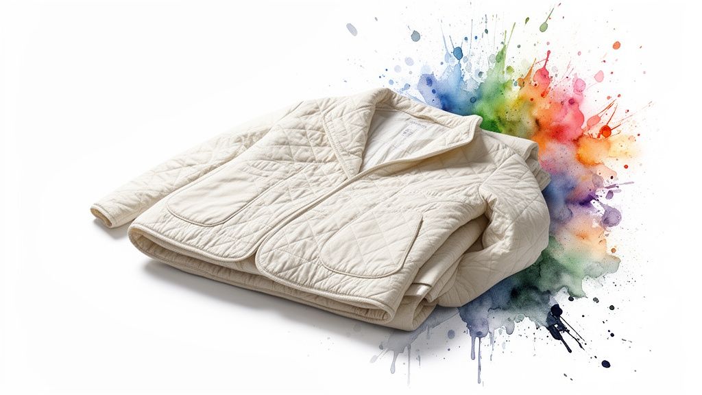 A light cream quilted jacket with a diamond pattern lies flat, surrounded by colorful watercolor splashes.