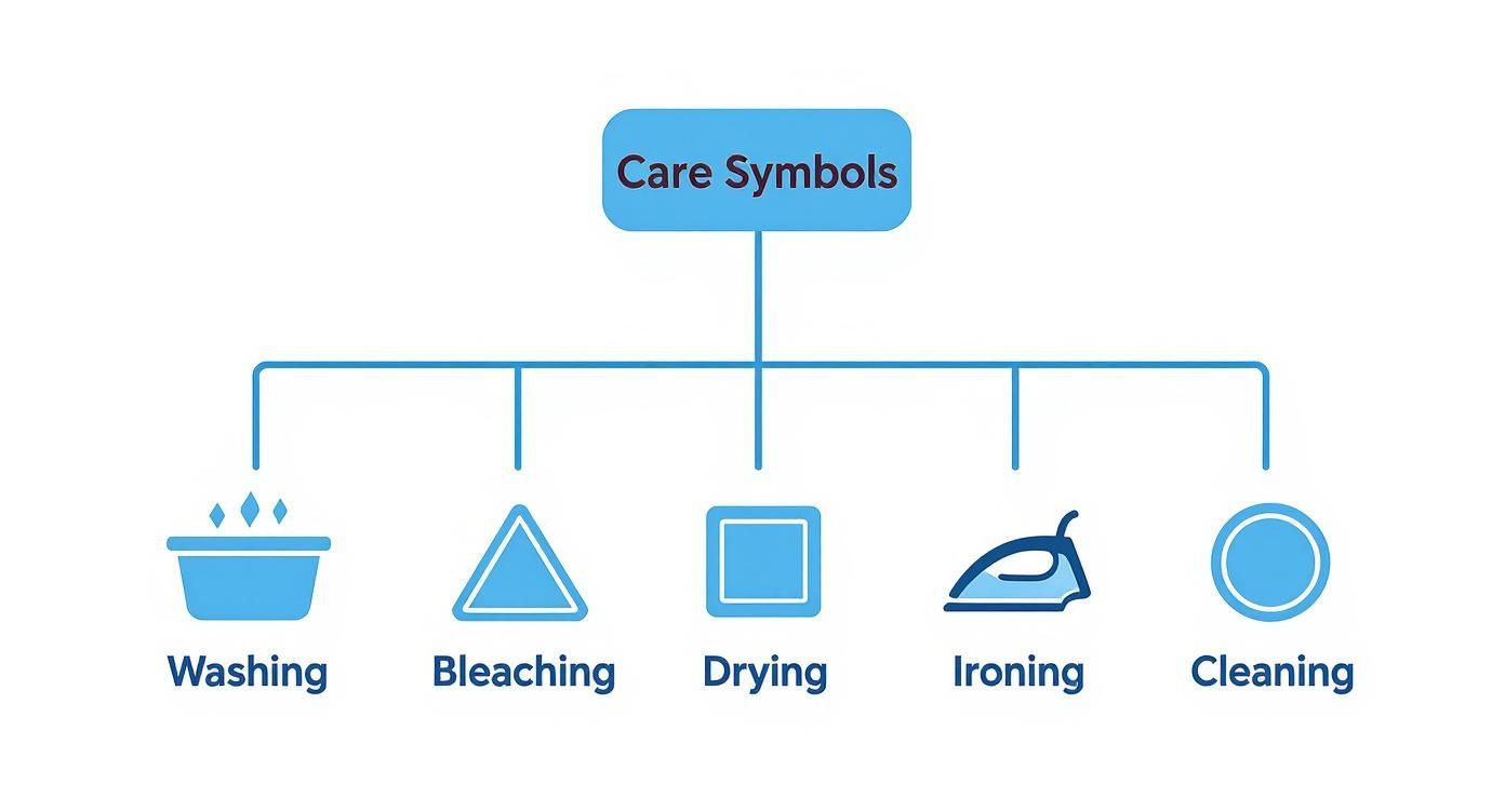 A comprehensive diagram illustrating five main categories of fabric care symbols: washing, bleaching, drying, ironing, and cleaning.